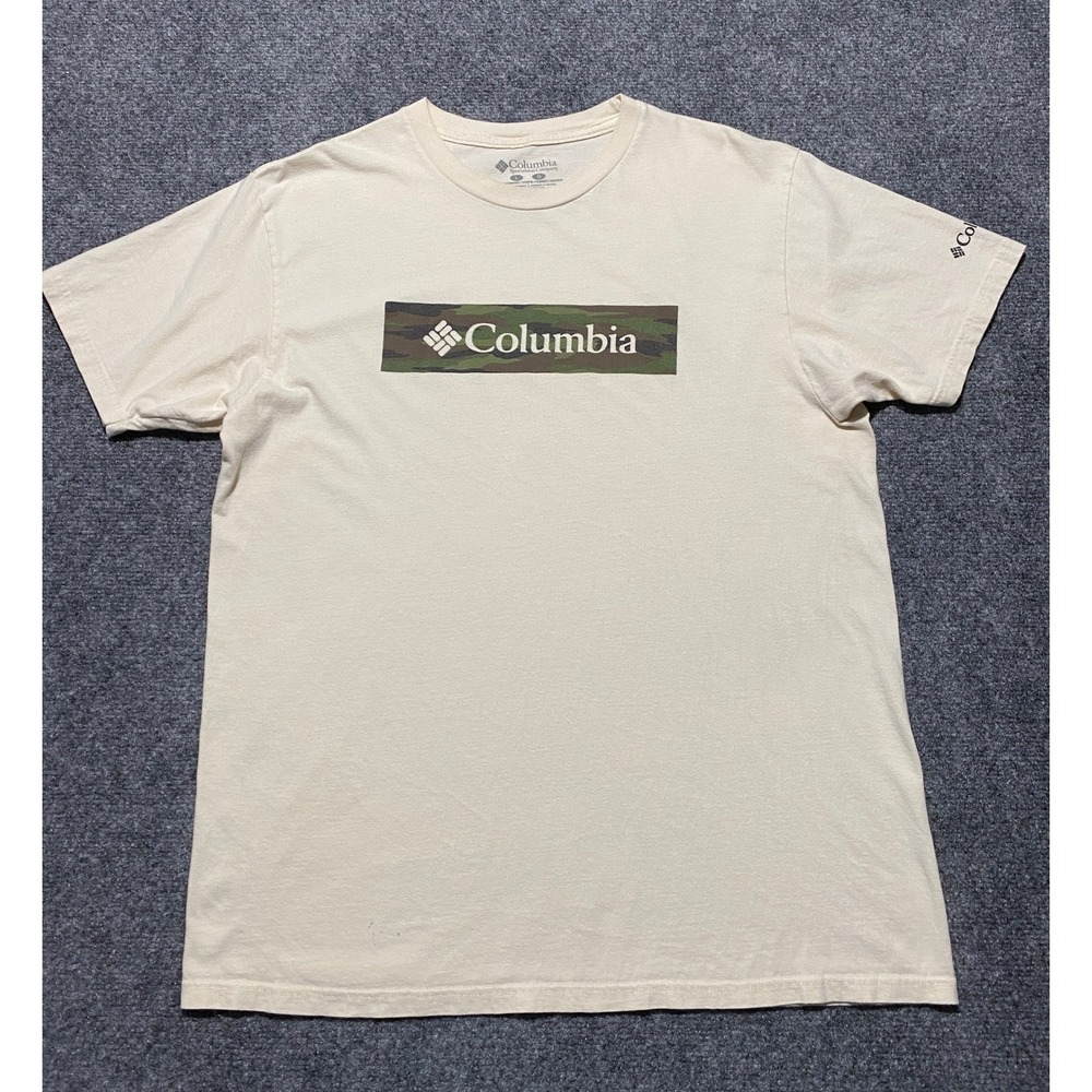 Columbia Sportswear Mens Large Beige Camo Box Logo Graphic T-Shirt Cotton Tee